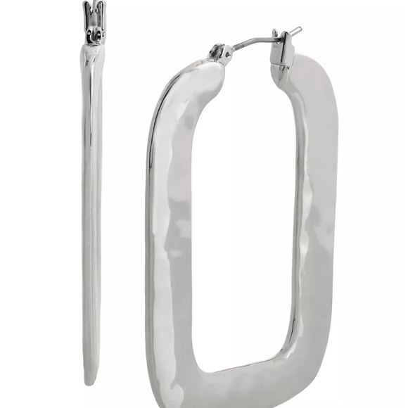 NWT Robert Lee Morris Soho Large Rectangle Hammered Silver Hoops earrings - Picture 3 of 5